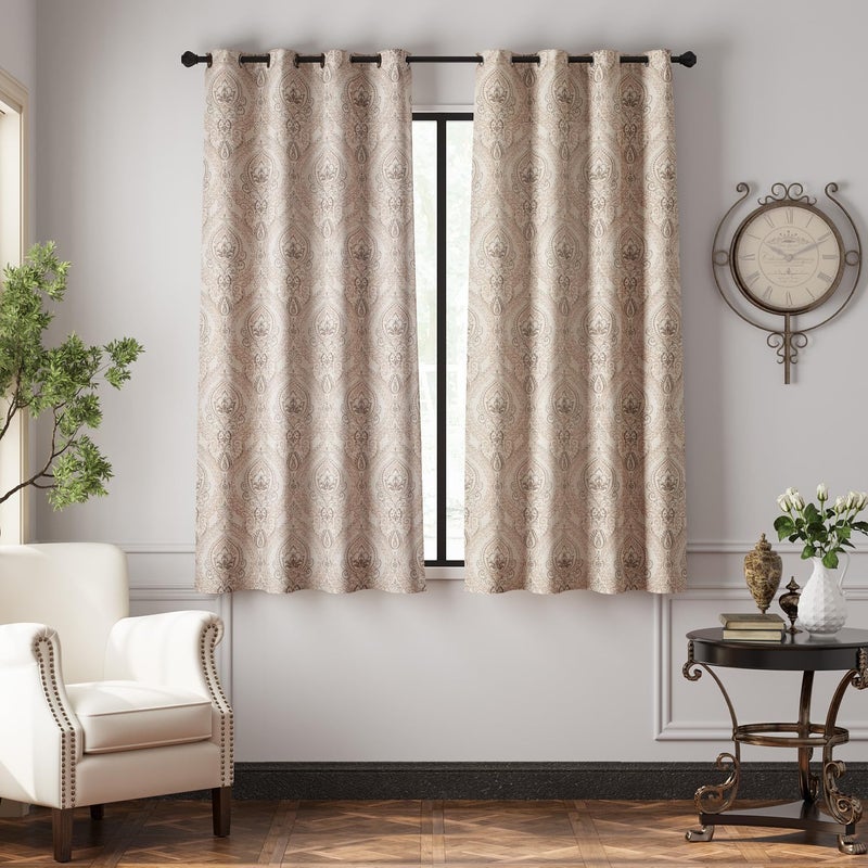 jinchan Linen Textured Curtains for Living Room Darkening 63 Inch Length, Medallion Drapes for Bedroom, Damask Pattern Window Treatments Vintage Curtain Panels, 2 Panels Taupe on Greige - Image 2